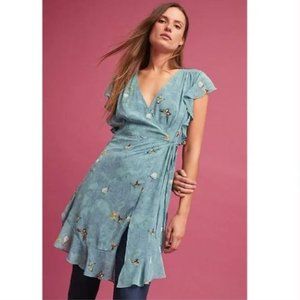 Osuna Wrap Tunic in Turquoise with Butterfly Print by Feather Bone - Size Small